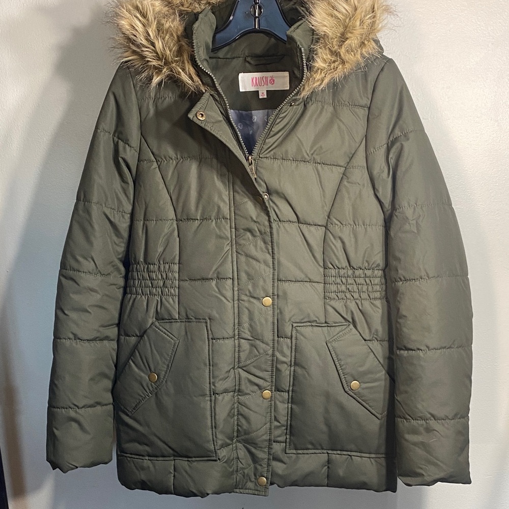 Krush Olive Puffer Jacket with Faux Fur Hood
